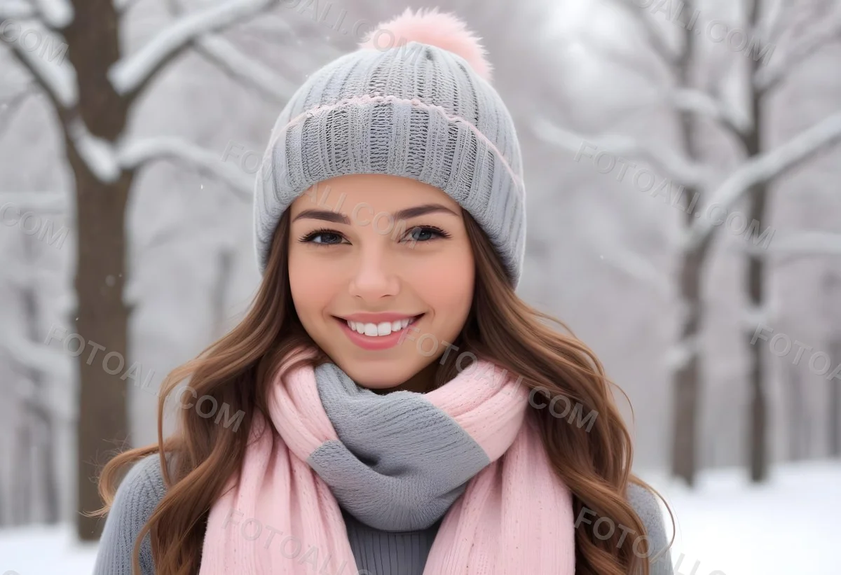A Young Caucasian Woman With Long Brown Hair Wearing A Gray Knit Hat And A Light Pink Scarf Smiling And Looking At The Camera In A Snowy Outdoor Setting 13 Ae99