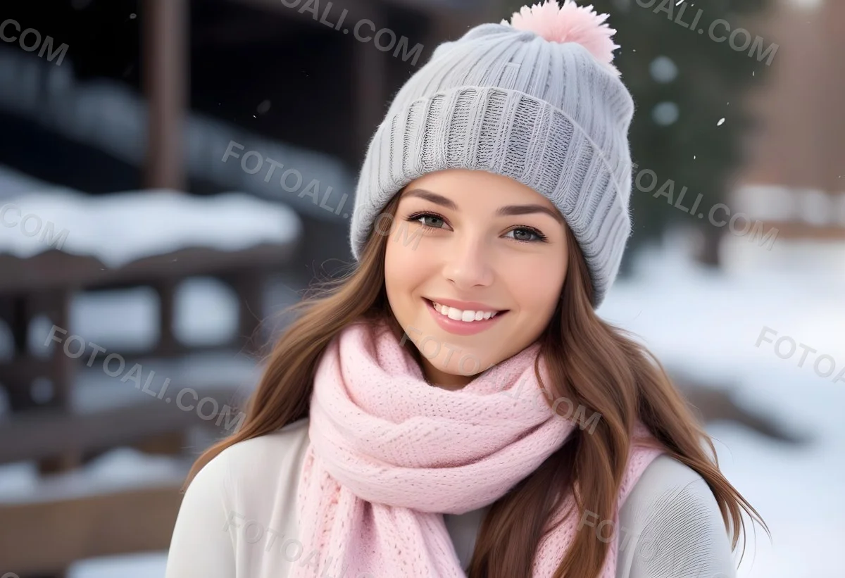 A Young Caucasian Woman With Long Brown Hair Wearing A Gray Knit Hat And A Light Pink Scarf Smiling And Looking At The Camera In A Snowy Outdoor Setting 14 F452