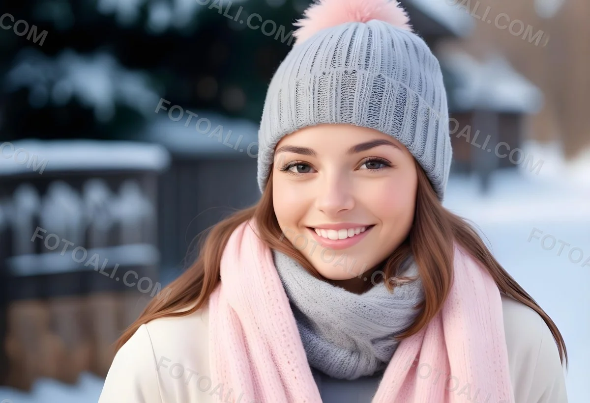 A Young Caucasian Woman With Long Brown Hair Wearing A Gray Knit Hat And A Light Pink Scarf Smiling And Looking At The Camera In A Snowy Outdoor Setting 15 C519