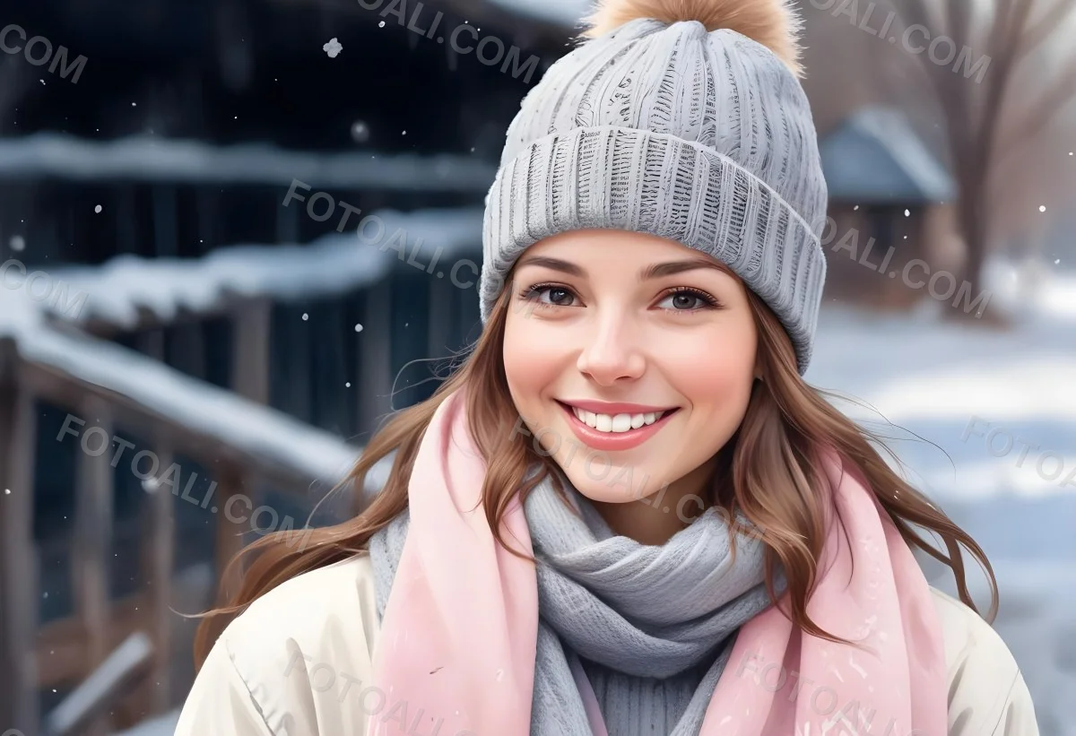 A Young Caucasian Woman With Long Brown Hair Wearing A Gray Knit Hat And A Light Pink Scarf Smiling And Looking At The Camera In A Snowy Outdoor Setting 2 84c4