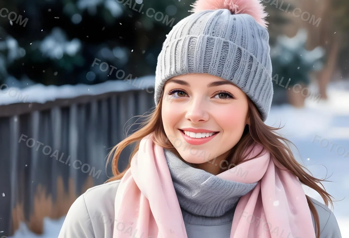 A Young Caucasian Woman With Long Brown Hair Wearing A Gray Knit Hat And A Light Pink Scarf Smiling And Looking At The Camera In A Snowy Outdoor Setting 3 6dce