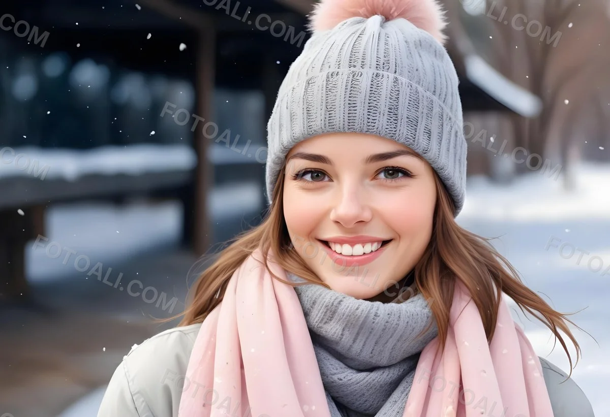 A Young Caucasian Woman With Long Brown Hair Wearing A Gray Knit Hat And A Light Pink Scarf Smiling And Looking At The Camera In A Snowy Outdoor Setting 4 6d7c