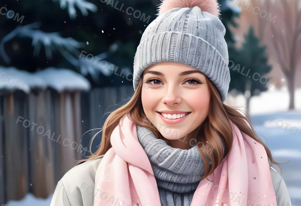 A Young Caucasian Woman With Long Brown Hair Wearing A Gray Knit Hat And A Light Pink Scarf Smiling And Looking At The Camera In A Snowy Outdoor Setting 5 8eef