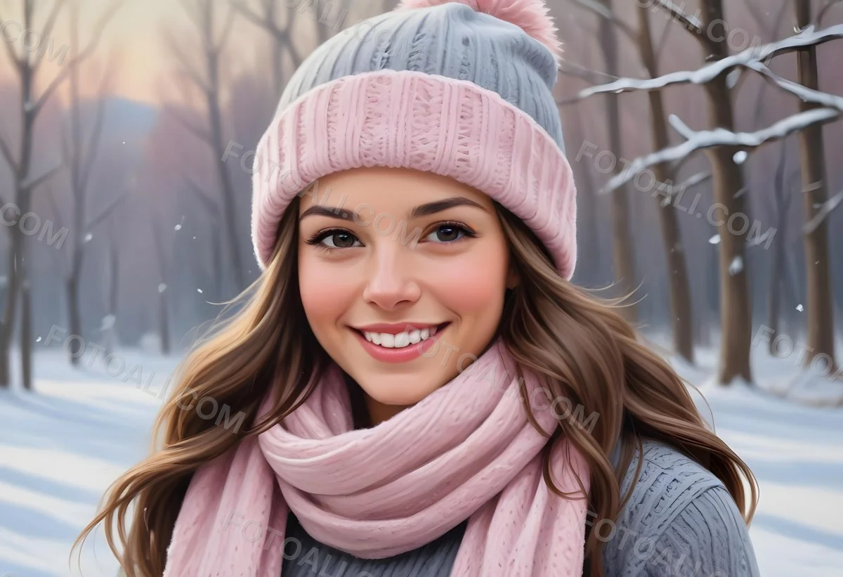 A Young Caucasian Woman With Long Brown Hair Wearing A Gray Knit Hat And A Light Pink Scarf Smiling And Looking At The Camera In A Snowy Outdoor Setting 6 22ea