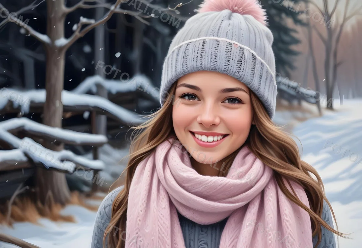 A Young Caucasian Woman With Long Brown Hair Wearing A Gray Knit Hat And A Light Pink Scarf Smiling And Looking At The Camera In A Snowy Outdoor Setting 7 E795