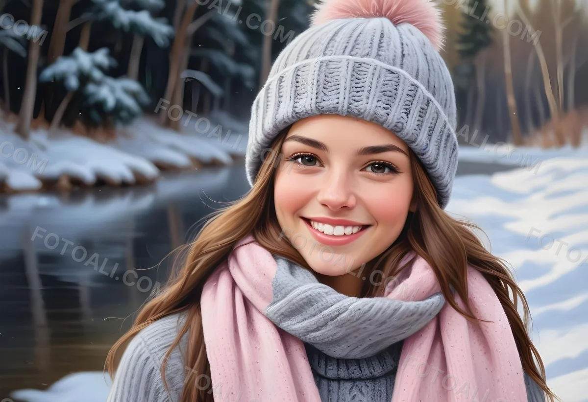 A Young Caucasian Woman With Long Brown Hair Wearing A Gray Knit Hat And A Light Pink Scarf Smiling And Looking At The Camera In A Snowy Outdoor Setting 8 31ad