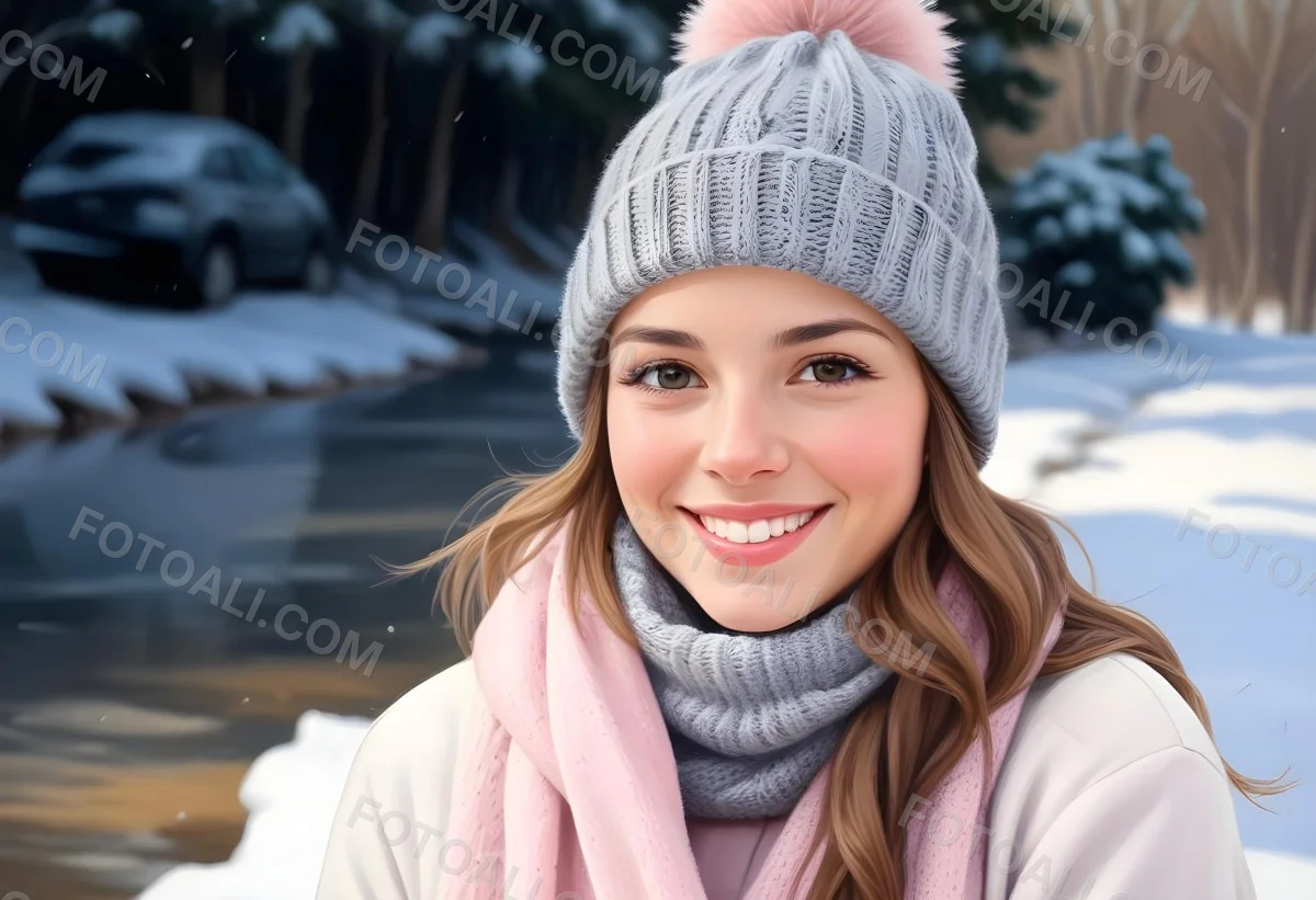 A Young Caucasian Woman With Long Brown Hair Wearing A Gray Knit Hat And A Light Pink Scarf Smiling And Looking At The Camera In A Snowy Outdoor Setting 9 94af