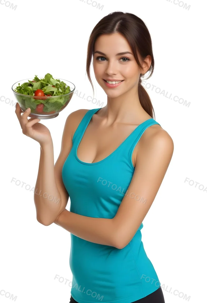 A Young Caucasian Woman With Long Brown Hair Wearing A Teal Blue Tank Top Holding A Glass Bowl Filled With Fresh Green Salad And Vegetables 2 8d5f