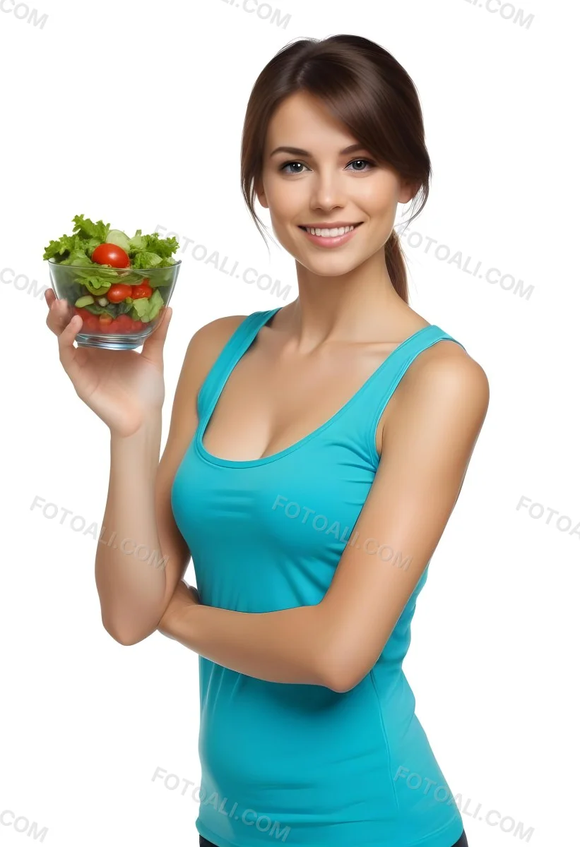 A Young Caucasian Woman With Long Brown Hair Wearing A Teal Blue Tank Top Holding A Glass Bowl Filled With Fresh Green Salad And Vegetables 3 C18c