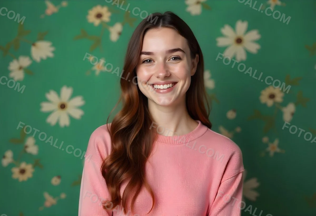 A Young Caucasian Woman With Long Brown Wavy Hair Wearing A Pink Sweater Smiling In Front Of A Green Background With White Flowers 2 9835