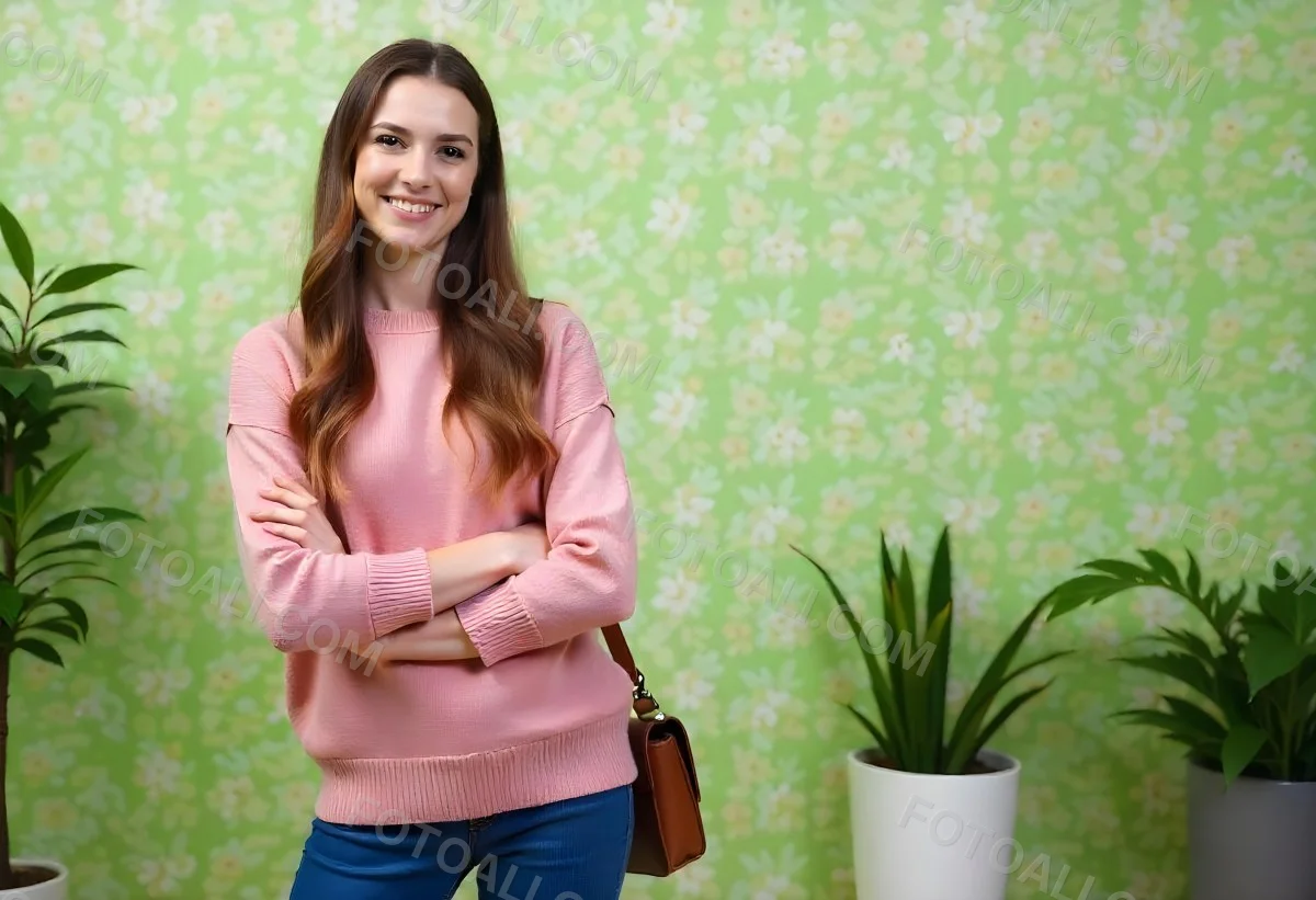 A Young Caucasian Woman With Long Brown Wavy Hair Wearing A Pink Sweater Smiling In Front Of A Green Background With White Flowers 3 53a2