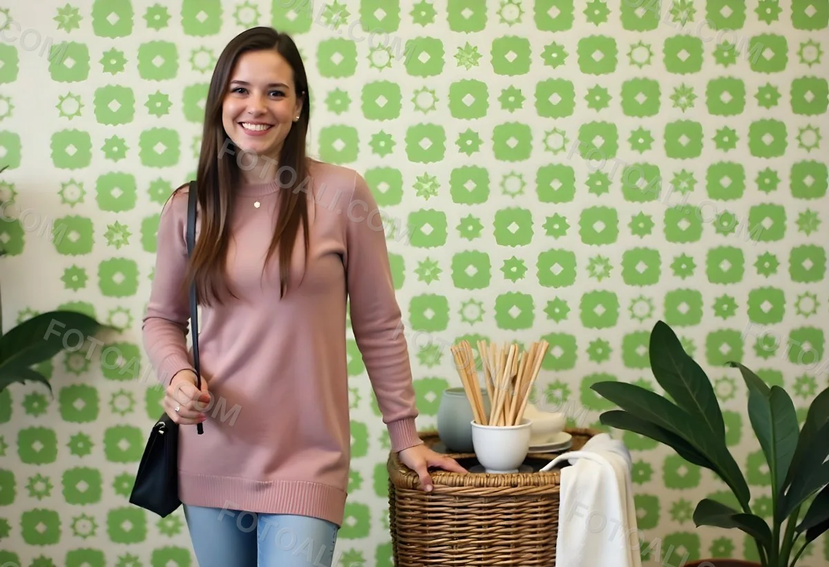 A Young Caucasian Woman With Long Brown Wavy Hair Wearing A Pink Sweater Smiling In Front Of A Green Background With White Flowers 4 F1f5