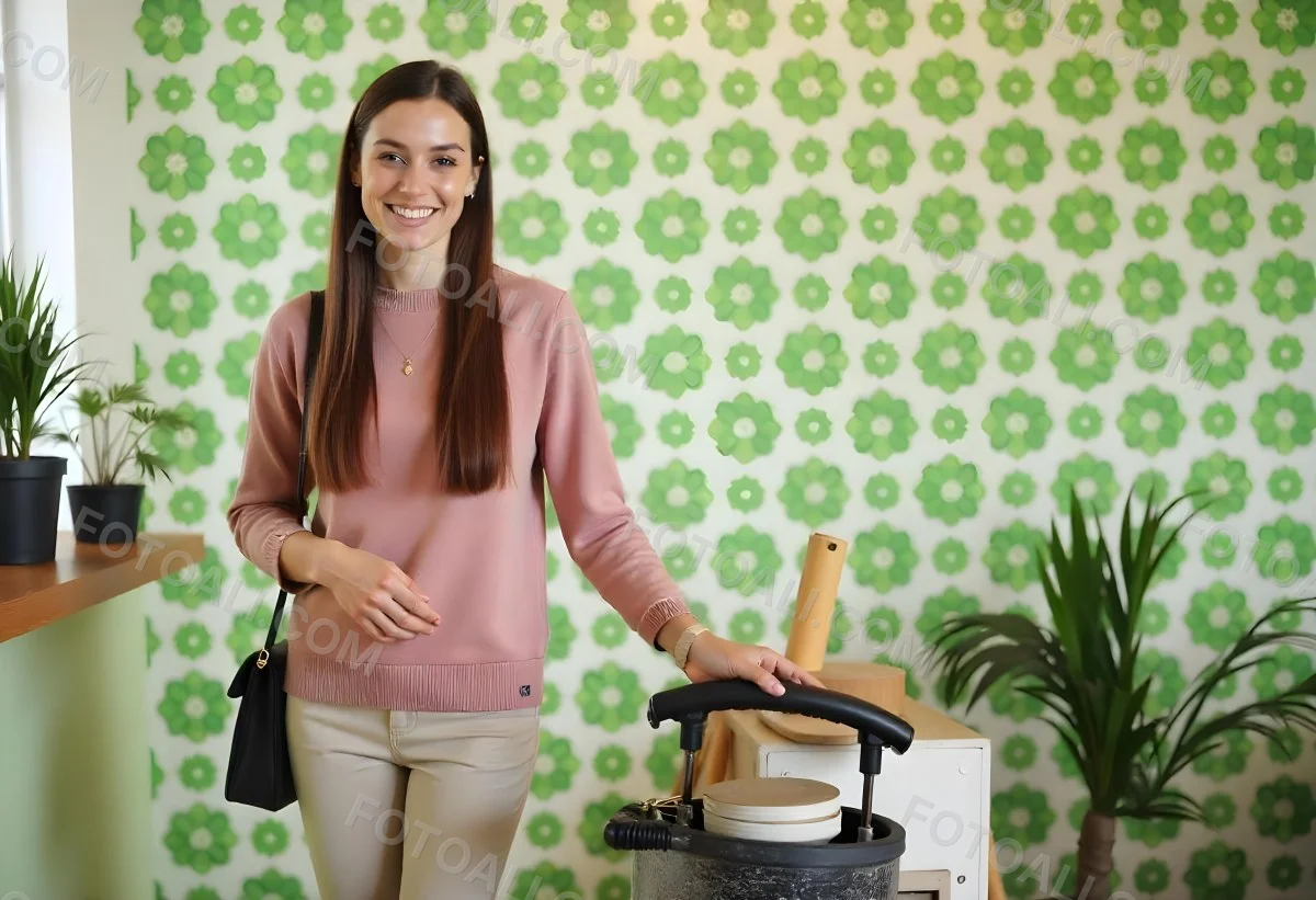 A Young Caucasian Woman With Long Brown Wavy Hair Wearing A Pink Sweater Smiling In Front Of A Green Background With White Flowers 5 Ced1