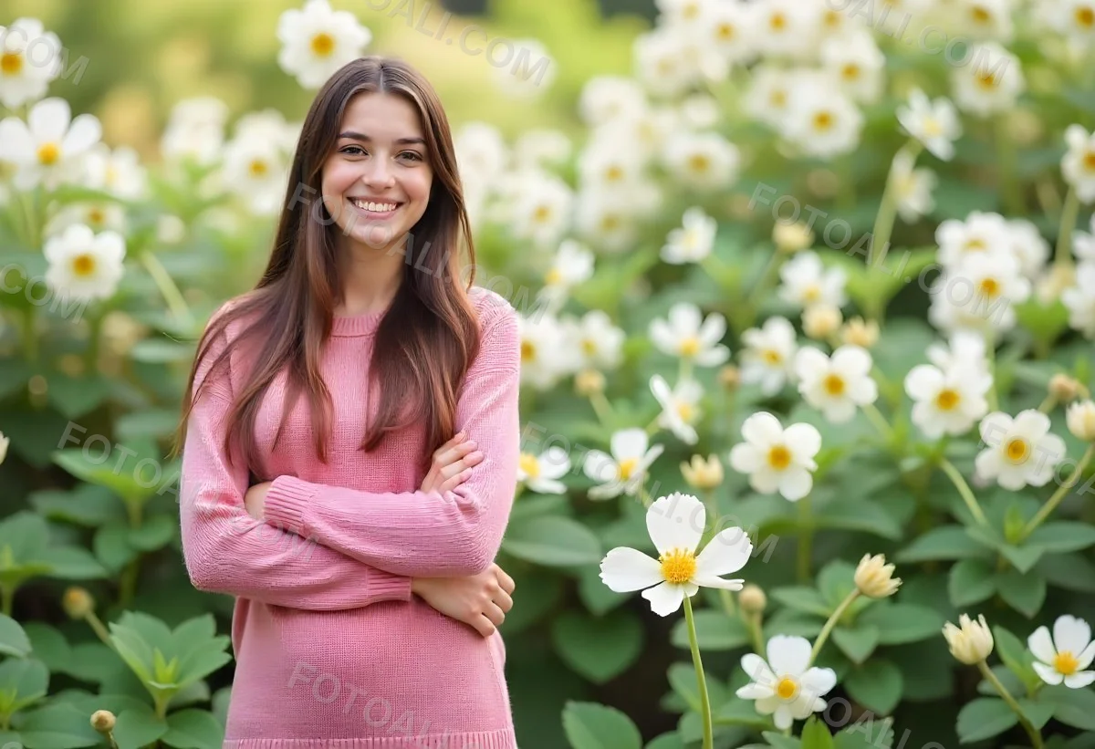 A Young Caucasian Woman With Long Brown Wavy Hair Wearing A Pink Sweater Smiling In Front Of A Green Background With White Flowers 6 C44b