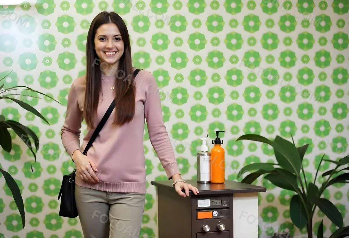 A Young Caucasian Woman With Long Brown Wavy Hair Wearing A Pink Sweater Smiling In Front Of A Green Background With White Flowers 7 Ab81