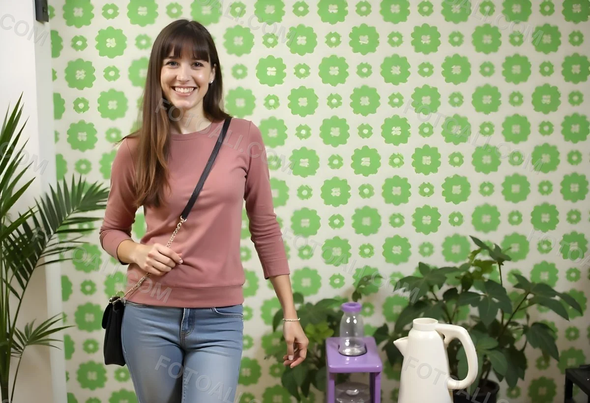 A Young Caucasian Woman With Long Brown Wavy Hair Wearing A Pink Sweater Smiling In Front Of A Green Background With White Flowers 8 F794