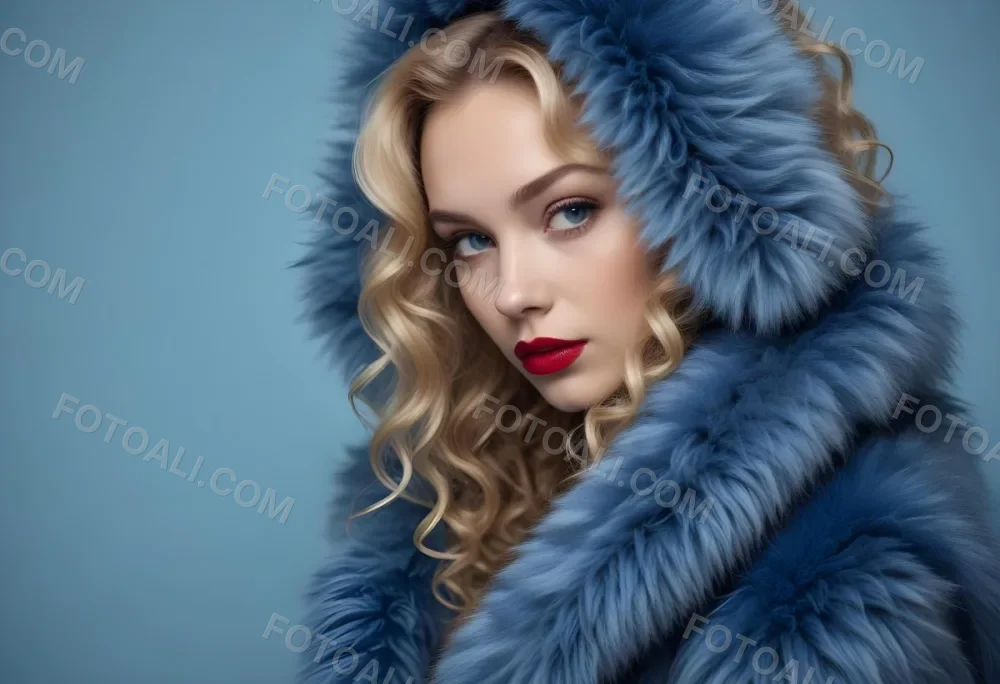A Young Caucasian Woman With Long Curly Blonde Hair Wearing A Blue Fur Coat Looking Directly At The Camera With Red Lipstick 10 A448