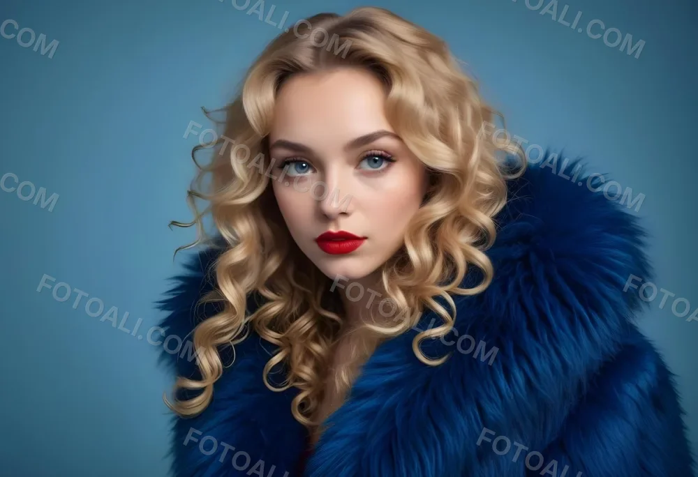 A Young Caucasian Woman With Long Curly Blonde Hair Wearing A Blue Fur Coat Looking Directly At The Camera With Red Lipstick 14 B27d