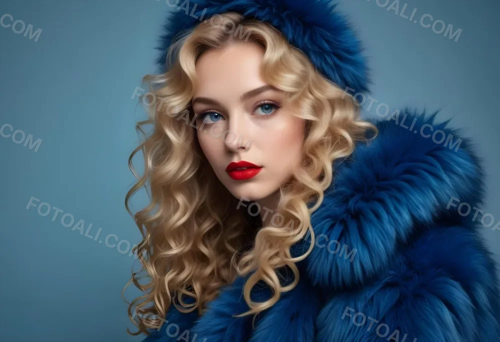 A Young Caucasian Woman With Long Curly Blonde Hair Wearing A Blue Fur Coat Looking Directly At The Camera With Red Lipstick 18 E5e8