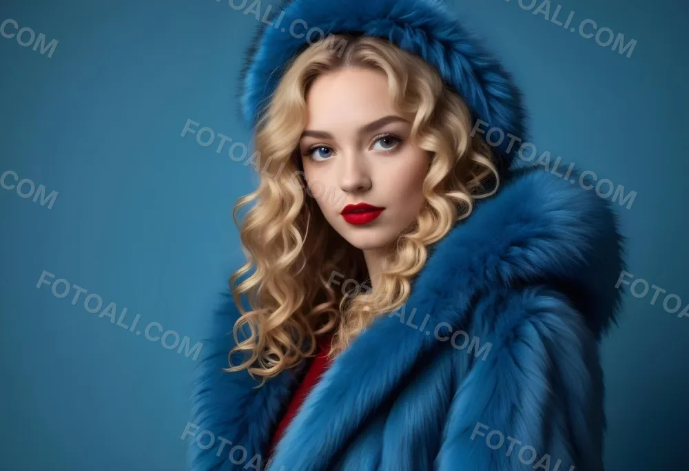 A Young Caucasian Woman With Long Curly Blonde Hair Wearing A Blue Fur Coat Looking Directly At The Camera With Red Lipstick 27 F322