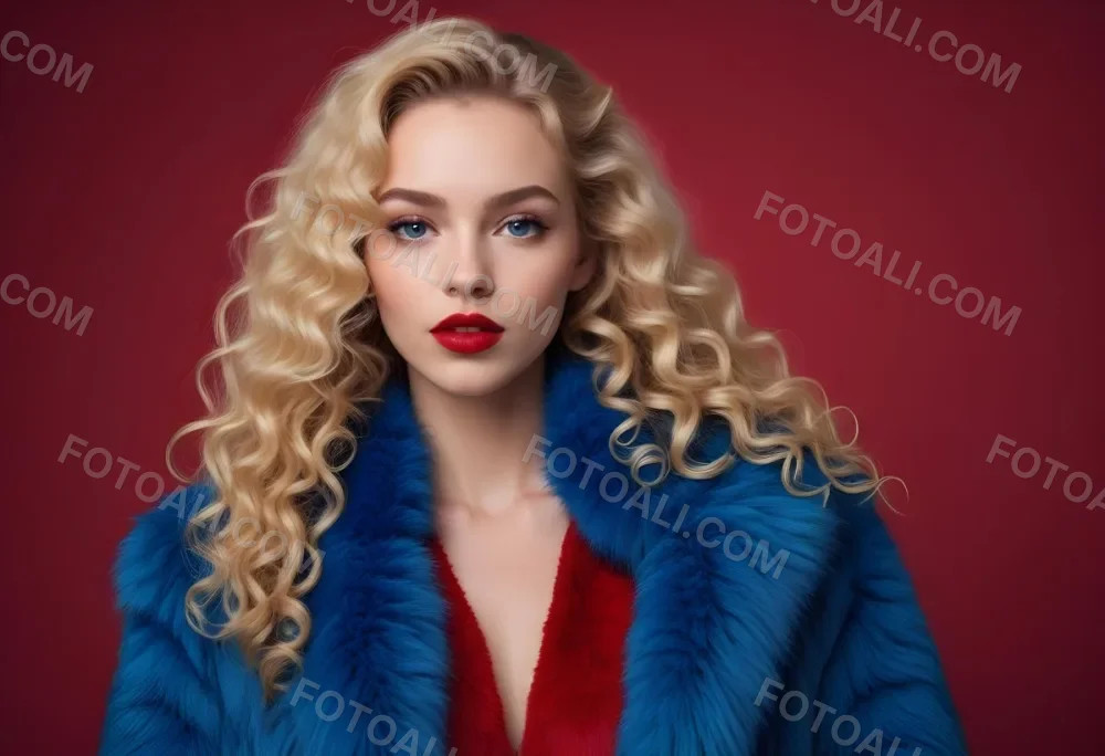 A Young Caucasian Woman With Long Curly Blonde Hair Wearing A Blue Fur Coat Looking Directly At The Camera With Red Lipstick 31 8e4e