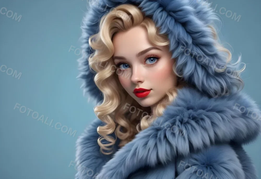 A Young Caucasian Woman With Long Curly Blonde Hair Wearing A Blue Fur Coat Looking Directly At The Camera With Red Lipstick 34 40b4