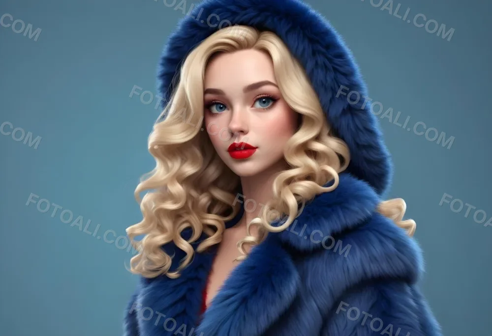 A Young Caucasian Woman With Long Curly Blonde Hair Wearing A Blue Fur Coat Looking Directly At The Camera With Red Lipstick 35 Dfb6