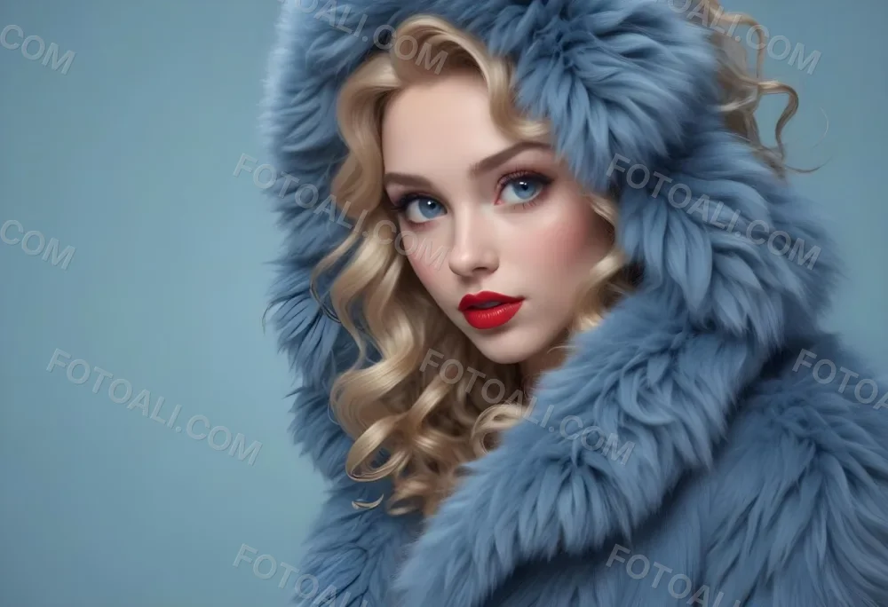 A Young Caucasian Woman With Long Curly Blonde Hair Wearing A Blue Fur Coat Looking Directly At The Camera With Red Lipstick 36 7e0a