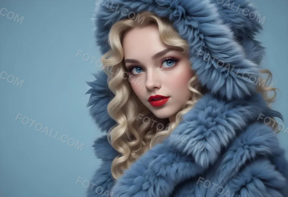 A Young Caucasian Woman With Long Curly Blonde Hair Wearing A Blue Fur Coat Looking Directly At The Camera With Red Lipstick 37 1a83