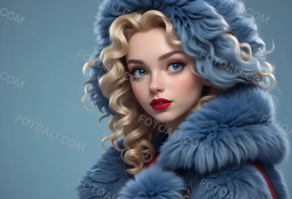 A Young Caucasian Woman With Long Curly Blonde Hair Wearing A Blue Fur Coat Looking Directly At The Camera With Red Lipstick 38 6e8e
