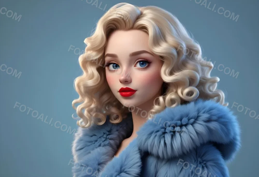 A Young Caucasian Woman With Long Curly Blonde Hair Wearing A Blue Fur Coat Looking Directly At The Camera With Red Lipstick 39 2efa