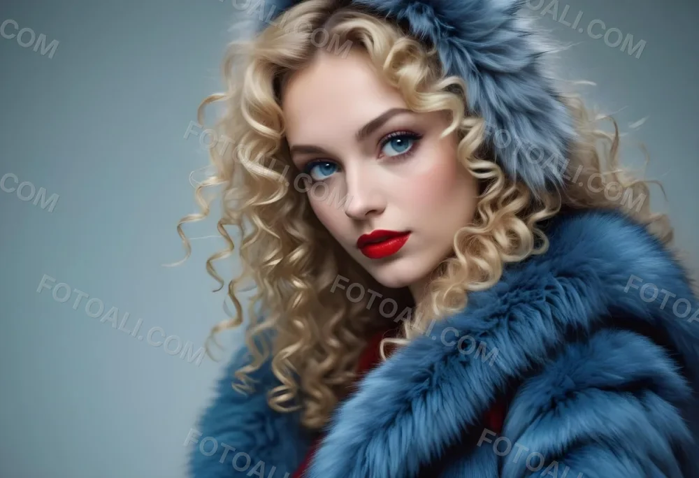 A Young Caucasian Woman With Long Curly Blonde Hair Wearing A Blue Fur Coat Looking Directly At The Camera With Red Lipstick 4 B47b