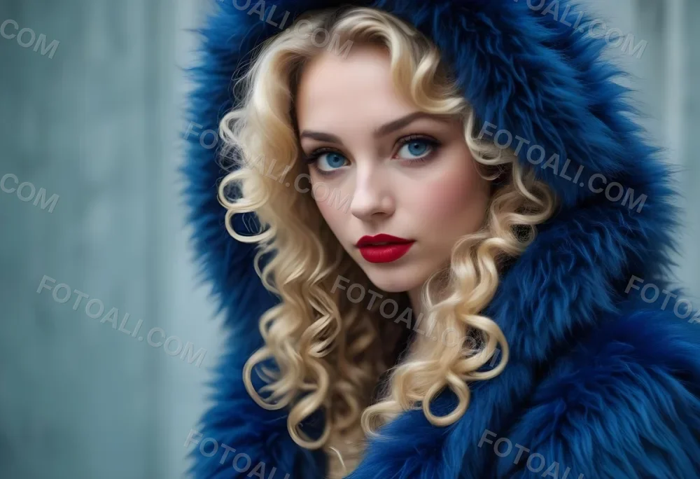 A Young Caucasian Woman With Long Curly Blonde Hair Wearing A Blue Fur Coat Looking Directly At The Camera With Red Lipstick 5 7073