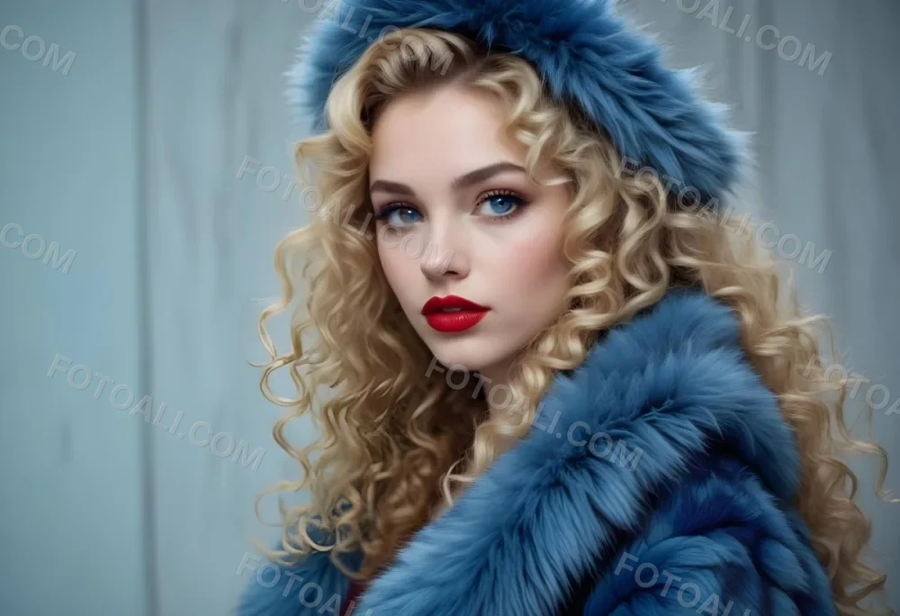 A Young Caucasian Woman With Long Curly Blonde Hair Wearing A Blue Fur Coat Looking Directly At The Camera With Red Lipstick 6 Dd69
