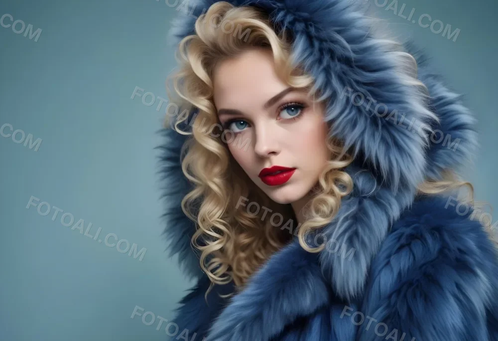 A Young Caucasian Woman With Long Curly Blonde Hair Wearing A Blue Fur Coat Looking Directly At The Camera With Red Lipstick 7 Bebc