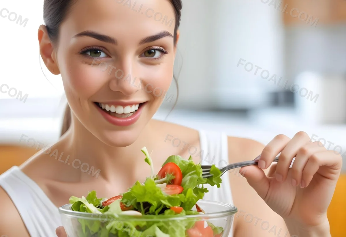 A Young Caucasian Woman With Long Dark Hair Eating A Fresh Green Salad In A Brightly Lit Kitchen Smiling And Looking Down At The Bowl 1 96fd
