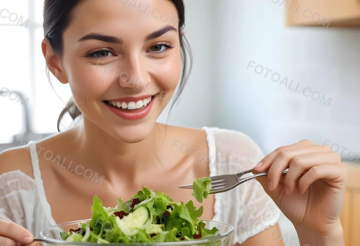 A Young Caucasian Woman With Long Dark Hair Eating A Fresh Green Salad In A Brightly Lit Kitchen Smiling And Looking Down At The Bowl 2 190a