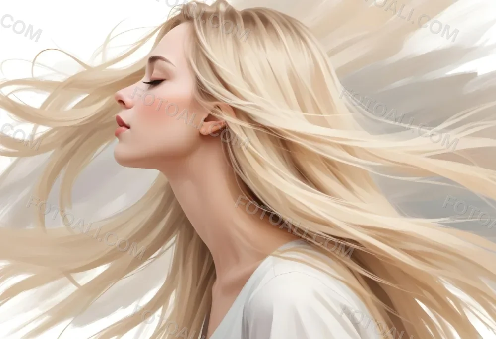 A Young Caucasian Woman With Long Straight Blonde Hair Cascading Down She Has Fair Skin And Is Shown In Profile With Her Eyes Closed And A Serene Expression The Background Is Plain White Emphasizing Her Hair And Fac 57 78a4