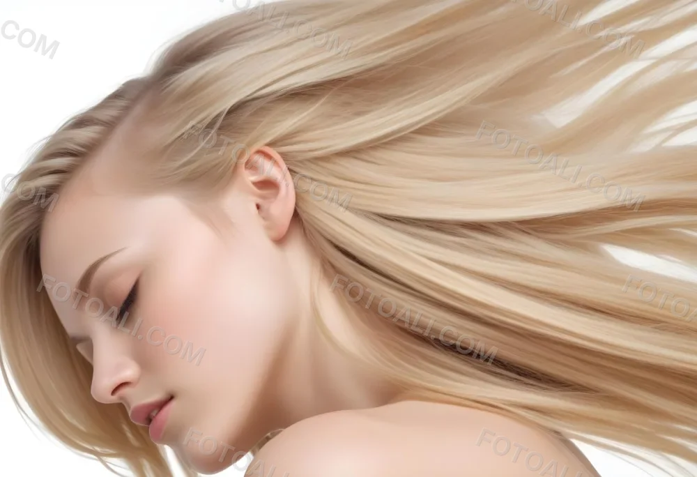 A Young Caucasian Woman With Long Straight Blonde Hair Cascading Down She Has Fair Skin And Is Shown In Profile With Her Eyes Closed And A Serene Expression The Background Is Plain White Emphasizing Her Hair And Fac 92 C0ad