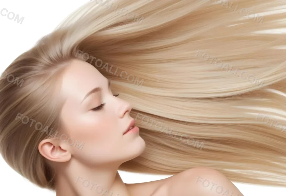 A Young Caucasian Woman With Long Straight Blonde Hair Cascading Down She Has Fair Skin And Is Shown In Profile With Her Eyes Closed And A Serene Expression The Background Is Plain White Emphasizing Her Hair And Fac 94 Ef91