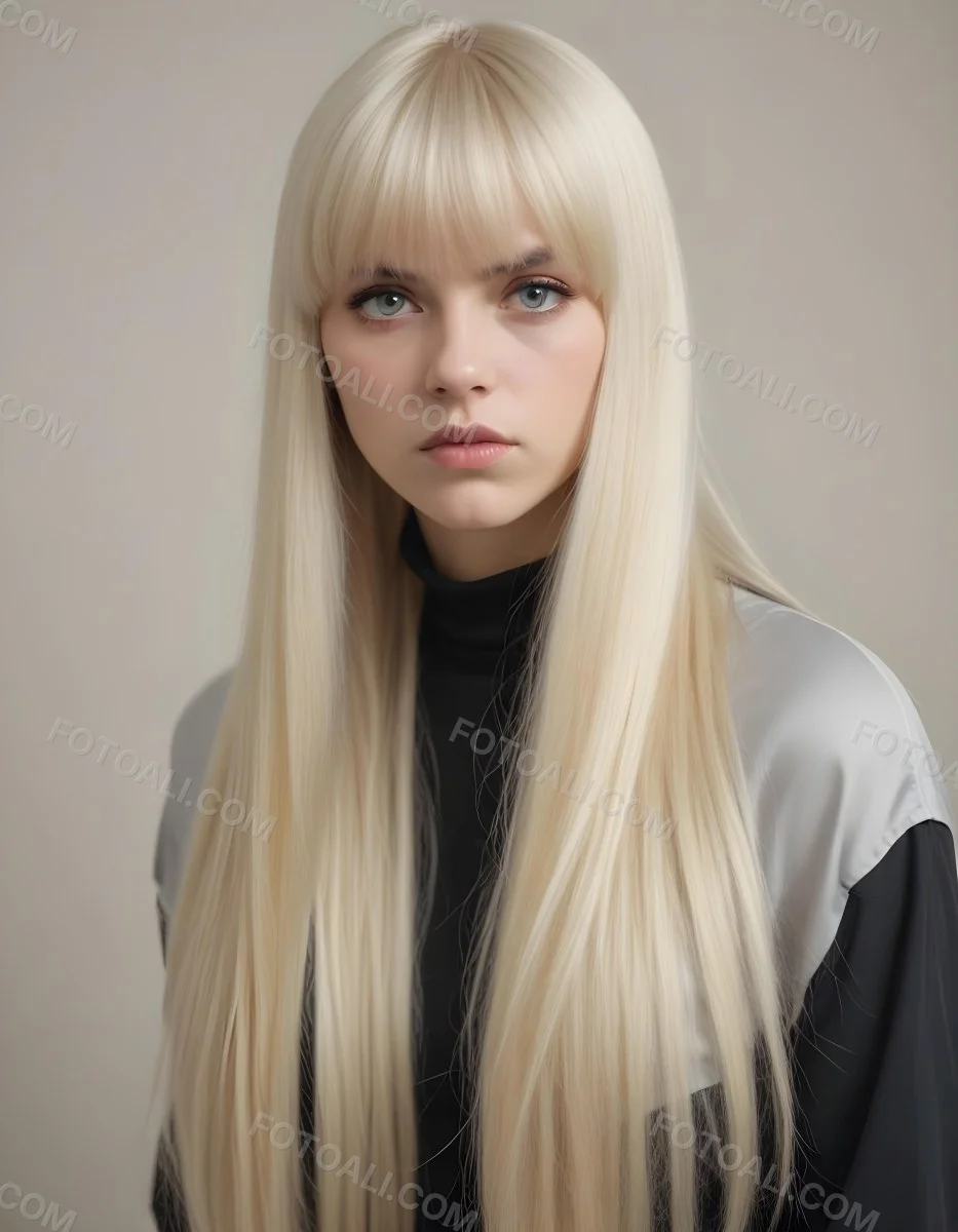 A Young Caucasian Woman With Long Straight Platinum Blonde Hair And Bangs Staring Directly At The Camera With A Serious Expression 1 Bdb1