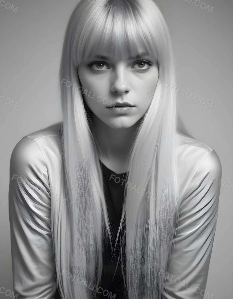 A Young Caucasian Woman With Long Straight Platinum Blonde Hair And Bangs Staring Directly At The Camera With A Serious Expression 12 7825