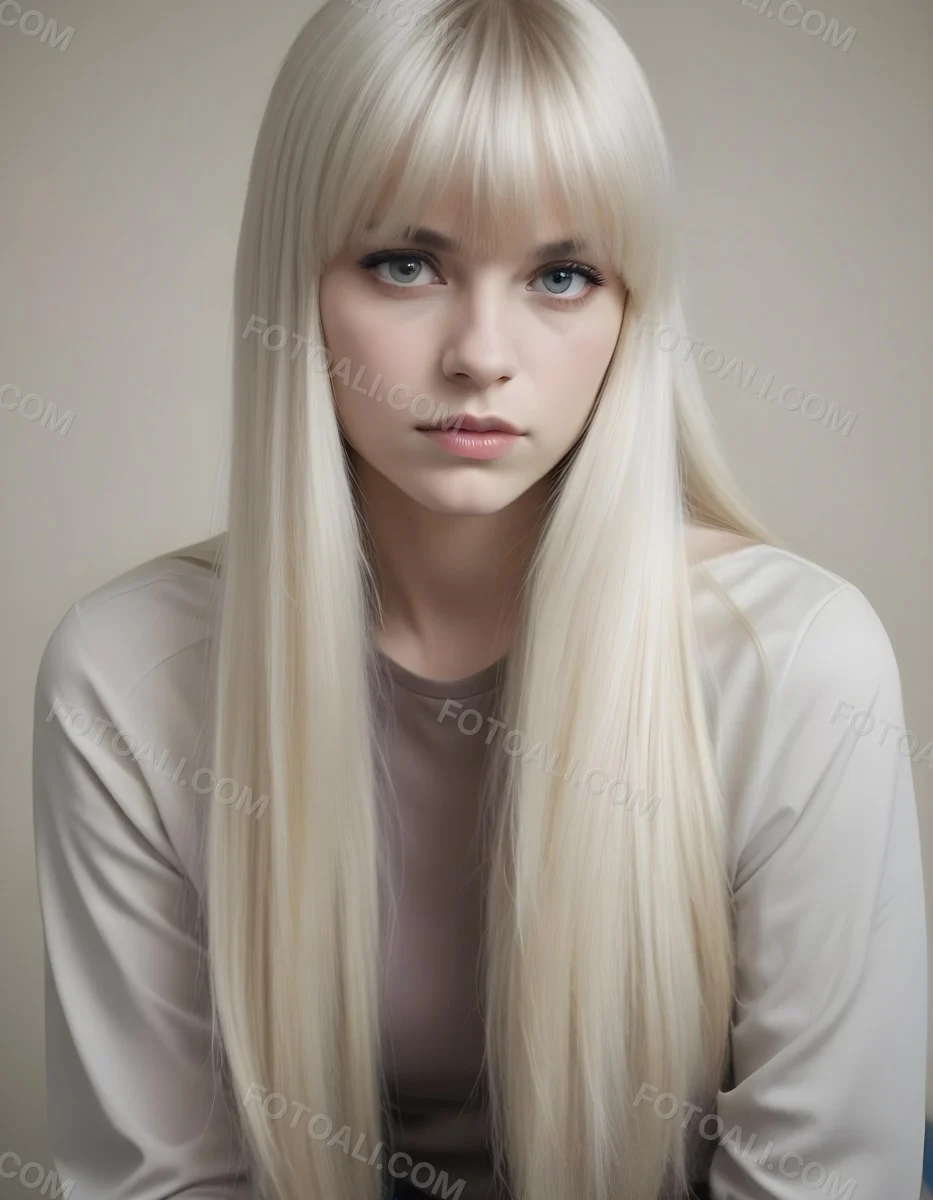 A Young Caucasian Woman With Long Straight Platinum Blonde Hair And Bangs Staring Directly At The Camera With A Serious Expression 2 8835