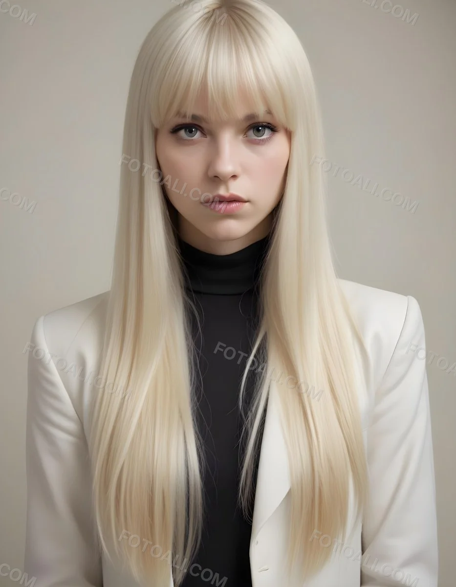 A Young Caucasian Woman With Long Straight Platinum Blonde Hair And Bangs Staring Directly At The Camera With A Serious Expression 23 2c31