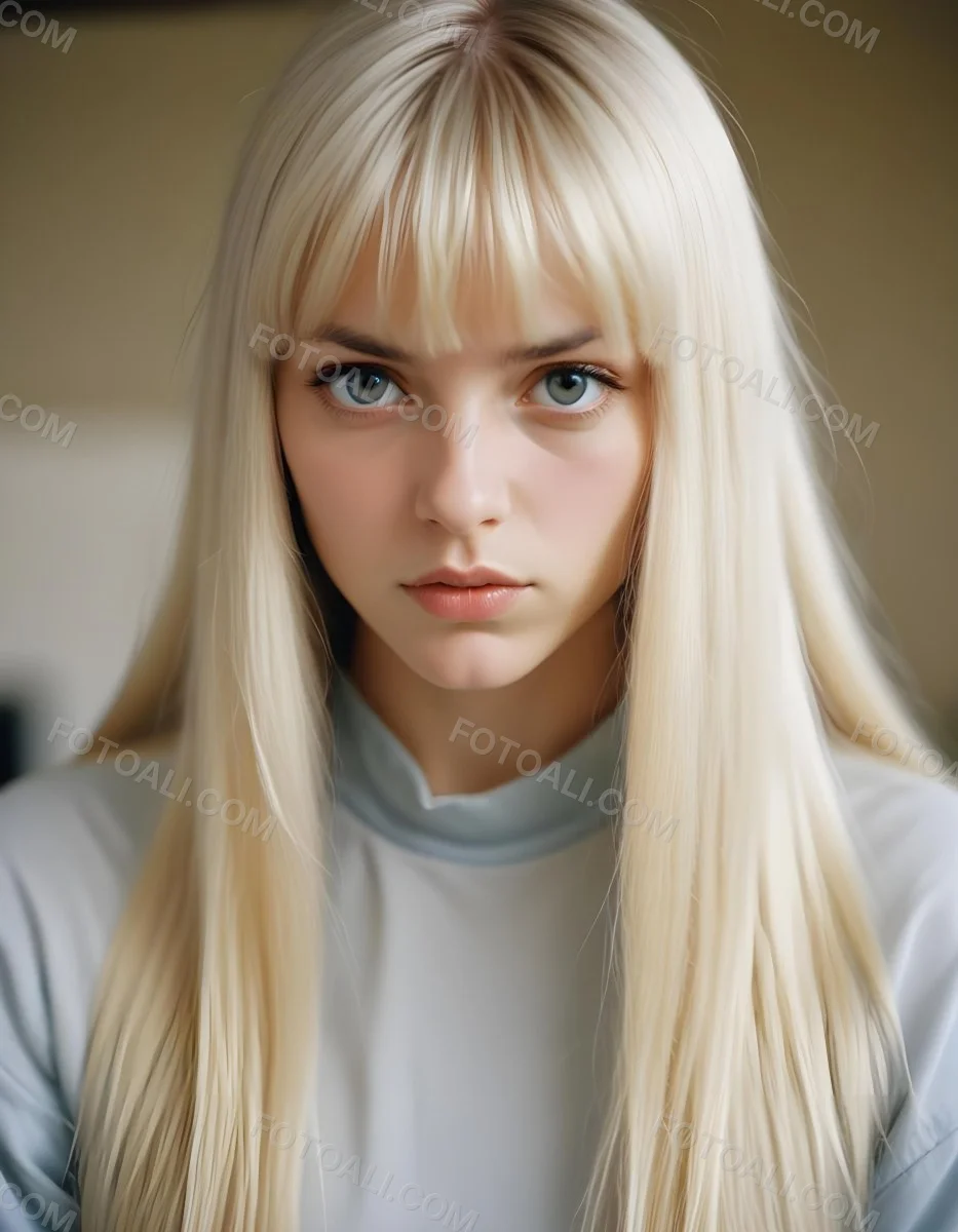 A Young Caucasian Woman With Long Straight Platinum Blonde Hair And Bangs Staring Directly At The Camera With A Serious Expression 25 9299