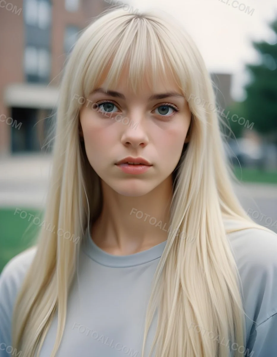 A Young Caucasian Woman With Long Straight Platinum Blonde Hair And Bangs Staring Directly At The Camera With A Serious Expression 27 1726