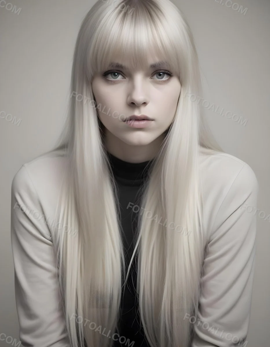 A Young Caucasian Woman With Long Straight Platinum Blonde Hair And Bangs Staring Directly At The Camera With A Serious Expression 6 B924