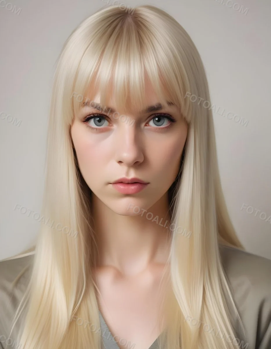 A Young Caucasian Woman With Long Straight Platinum Blonde Hair And Bangs Staring Directly At The Camera With A Serious Expression 7 9f02