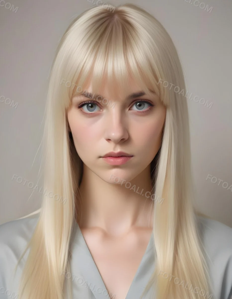 A Young Caucasian Woman With Long Straight Platinum Blonde Hair And Bangs Staring Directly At The Camera With A Serious Expression 8 6124