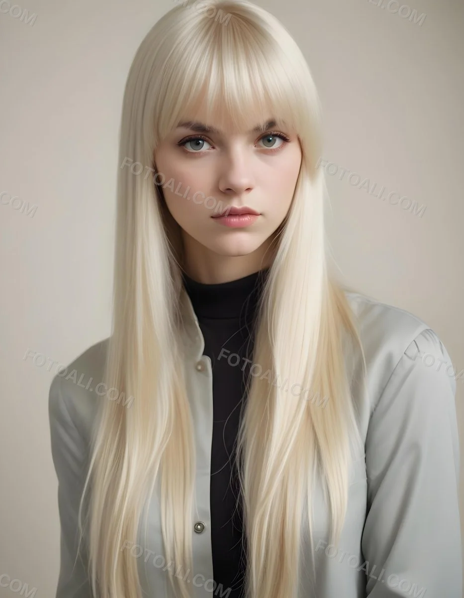 A Young Caucasian Woman With Long Straight Platinum Blonde Hair And Bangs Staring Directly At The Camera With A Serious Expression 9 8806